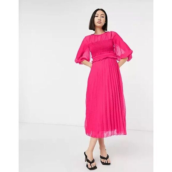 ASOS DESIGN Textured Pleated Shirred Midi Dress Hot Pink size 0 Smocked - Picture 1 of 11
